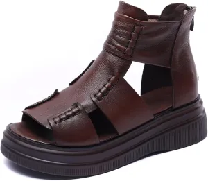 Micoklinlin Sandals Women Black Genuine Leather Boots Sandals Zipper Open Toe Flat Platform Sandals for Women Dressy Summer
