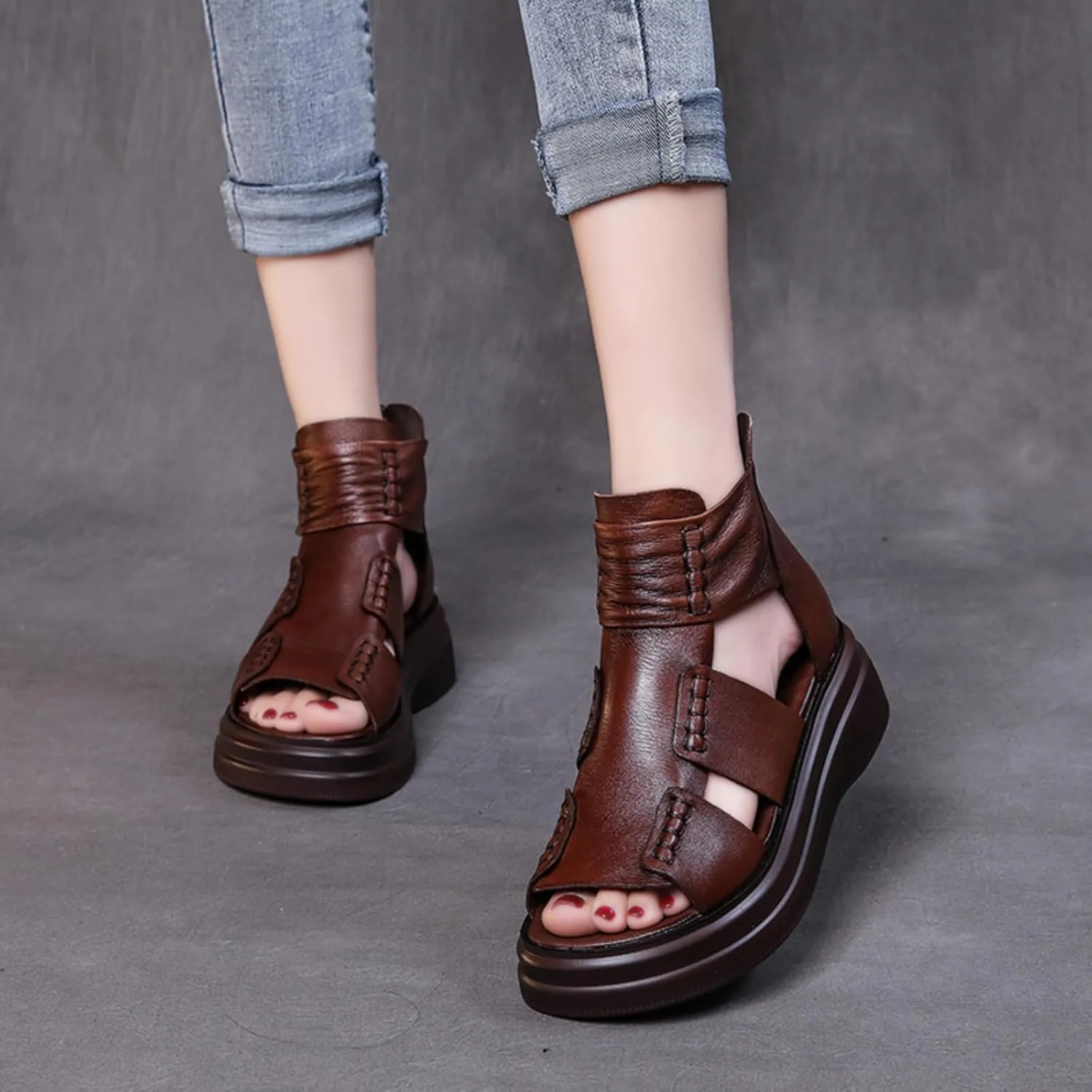 Micoklinlin Sandals Women Black Genuine Leather Boots Sandals Zipper Open Toe Flat Platform Sandals for Women Dressy Summer