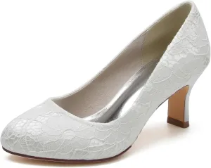 Minishion Ladies Wedding Dress Shoes Slip on Floral Lace Evening Formal Pumps BR115