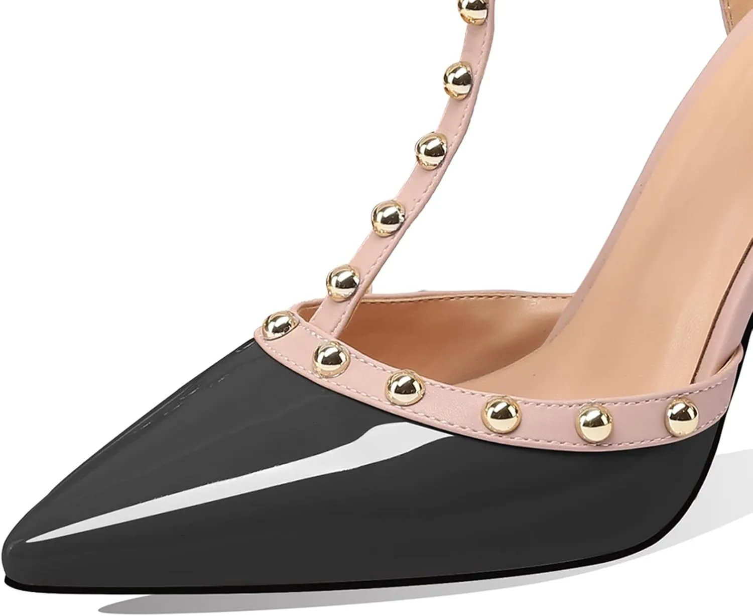 MIRAAZZURRA Women Heeled Sandals Rivet Studded High Heels Stiletto T-Strap Pointed Toe Slip On Bridal Pumps for Women