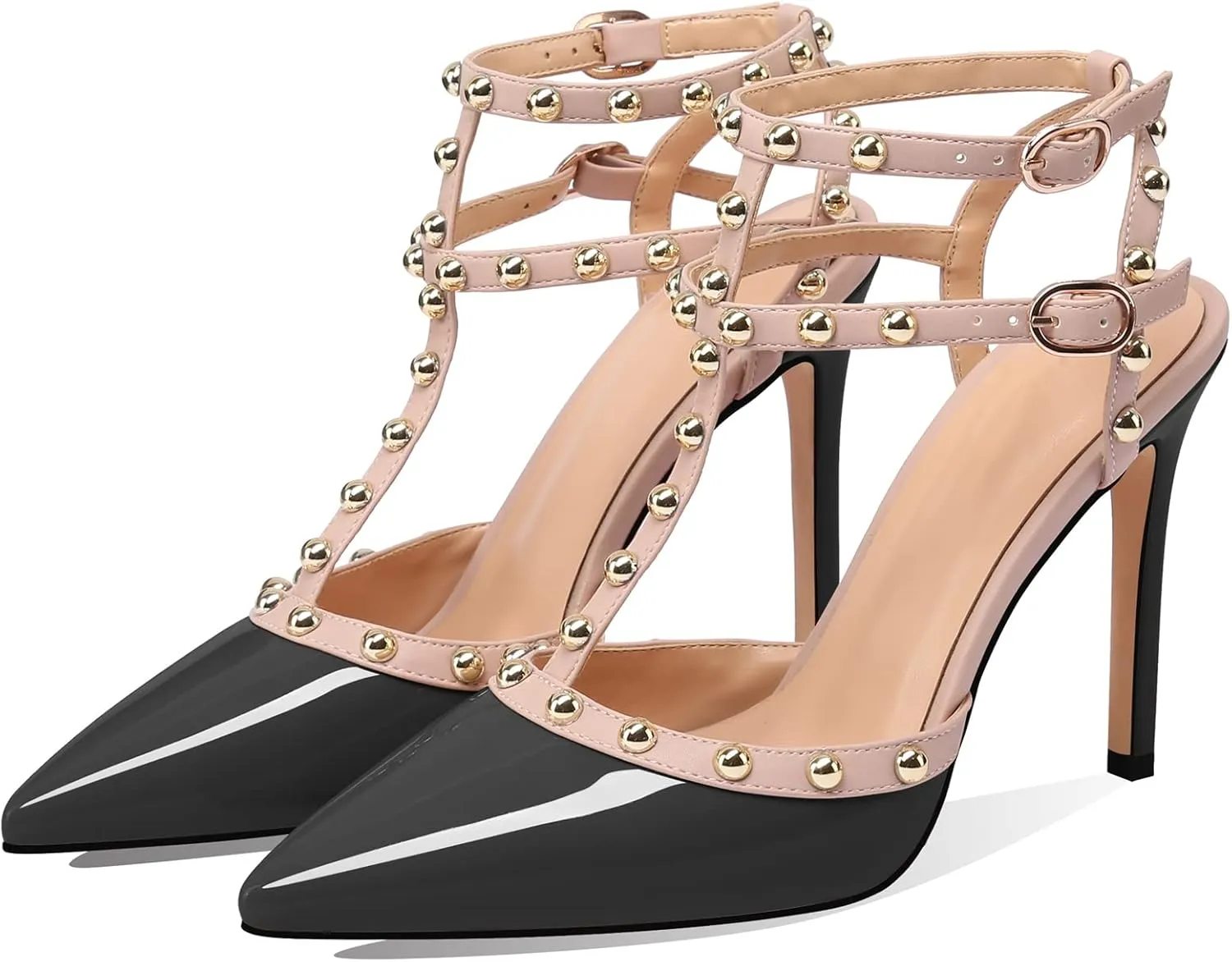 MIRAAZZURRA Women Heeled Sandals Rivet Studded High Heels Stiletto T-Strap Pointed Toe Slip On Bridal Pumps for Women