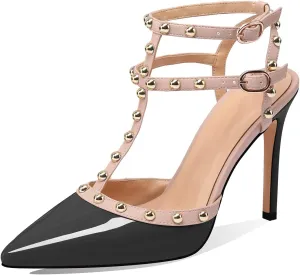 MIRAAZZURRA Women Heeled Sandals Rivet Studded High Heels Stiletto T-Strap Pointed Toe Slip On Bridal Pumps for Women
