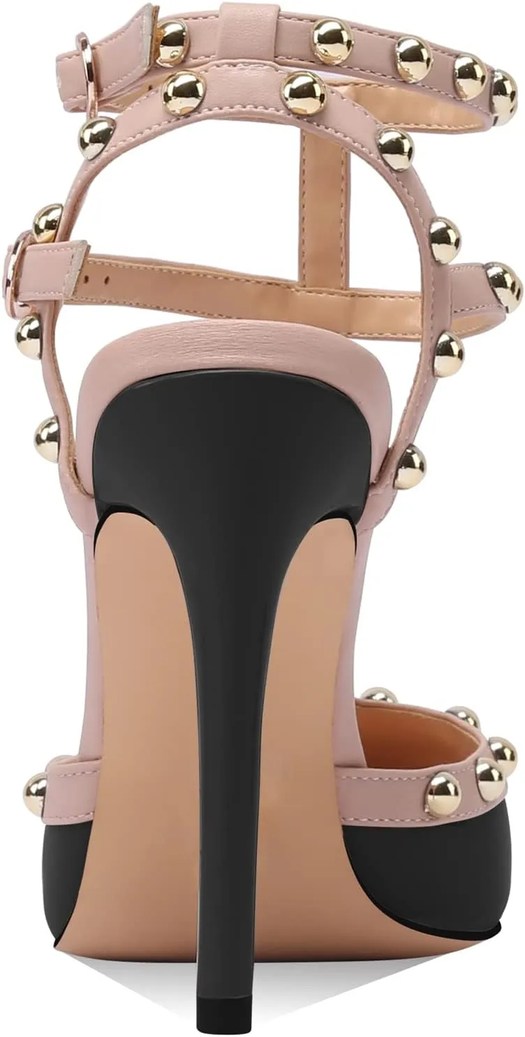MIRAAZZURRA Women Heeled Sandals Rivet Studded High Heels Stiletto T-Strap Pointed Toe Slip On Bridal Pumps for Women
