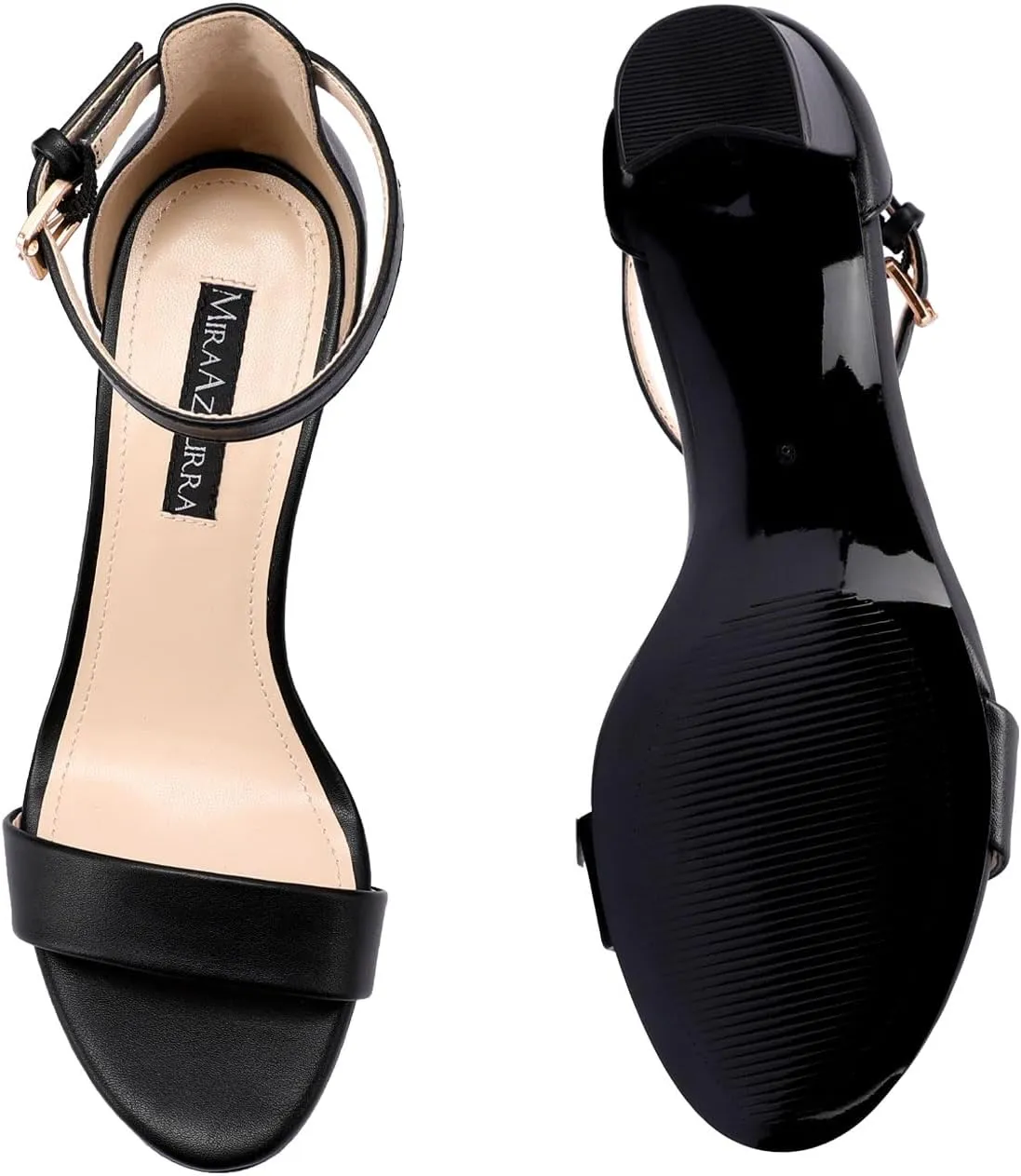 MIRAAZZURRA Women Heeled Sandals Round Open Toe Ankle Strap Chunky Low Heel One Strap Sandals
