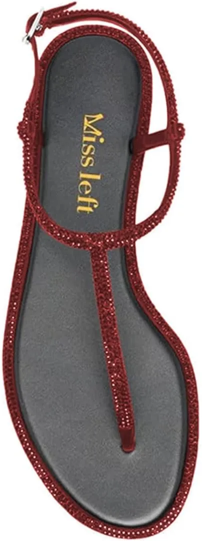 miss left Women Rhinestone T-Strap Thong Sandals Open Clip Toe Flip Flops Glitter Buckle Up Flats Summer Beach Holiday Dressy Shoes Size 4-16 US