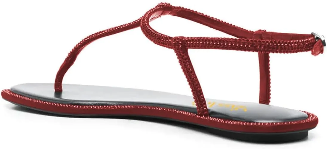 miss left Women Rhinestone T-Strap Thong Sandals Open Clip Toe Flip Flops Glitter Buckle Up Flats Summer Beach Holiday Dressy Shoes Size 4-16 US