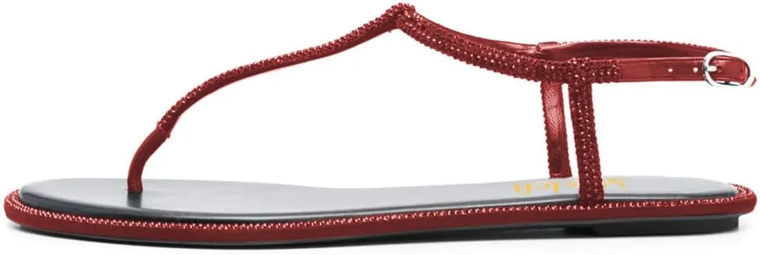 miss left Women Rhinestone T-Strap Thong Sandals Open Clip Toe Flip Flops Glitter Buckle Up Flats Summer Beach Holiday Dressy Shoes Size 4-16 US