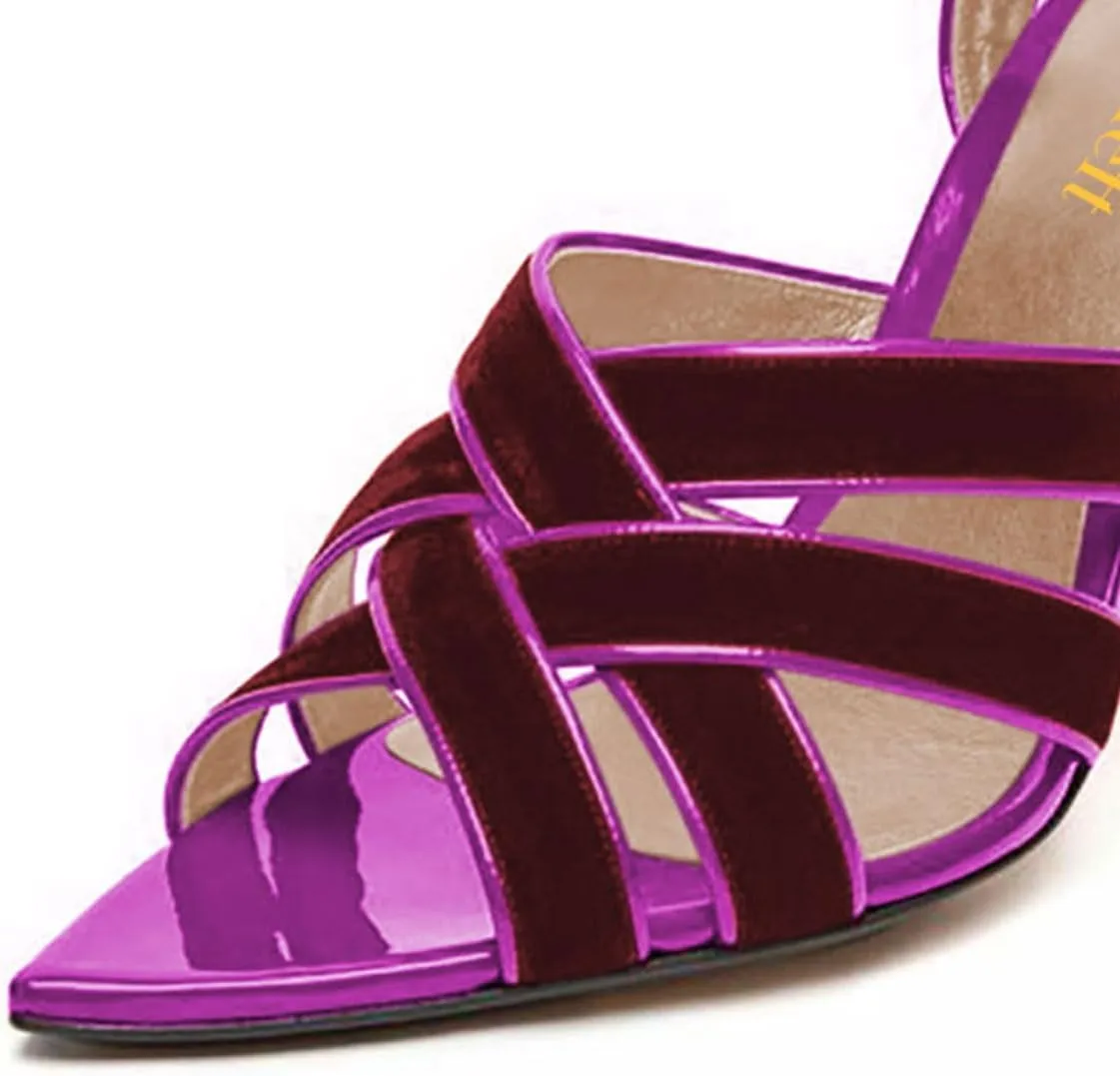 miss left Women Sexy Strappy Stiletto High Heel Sandals Open Pointy Toe Cross Straps Buckle Pumps Soft Velvet Weekend Party Shoes Size 4-16 US