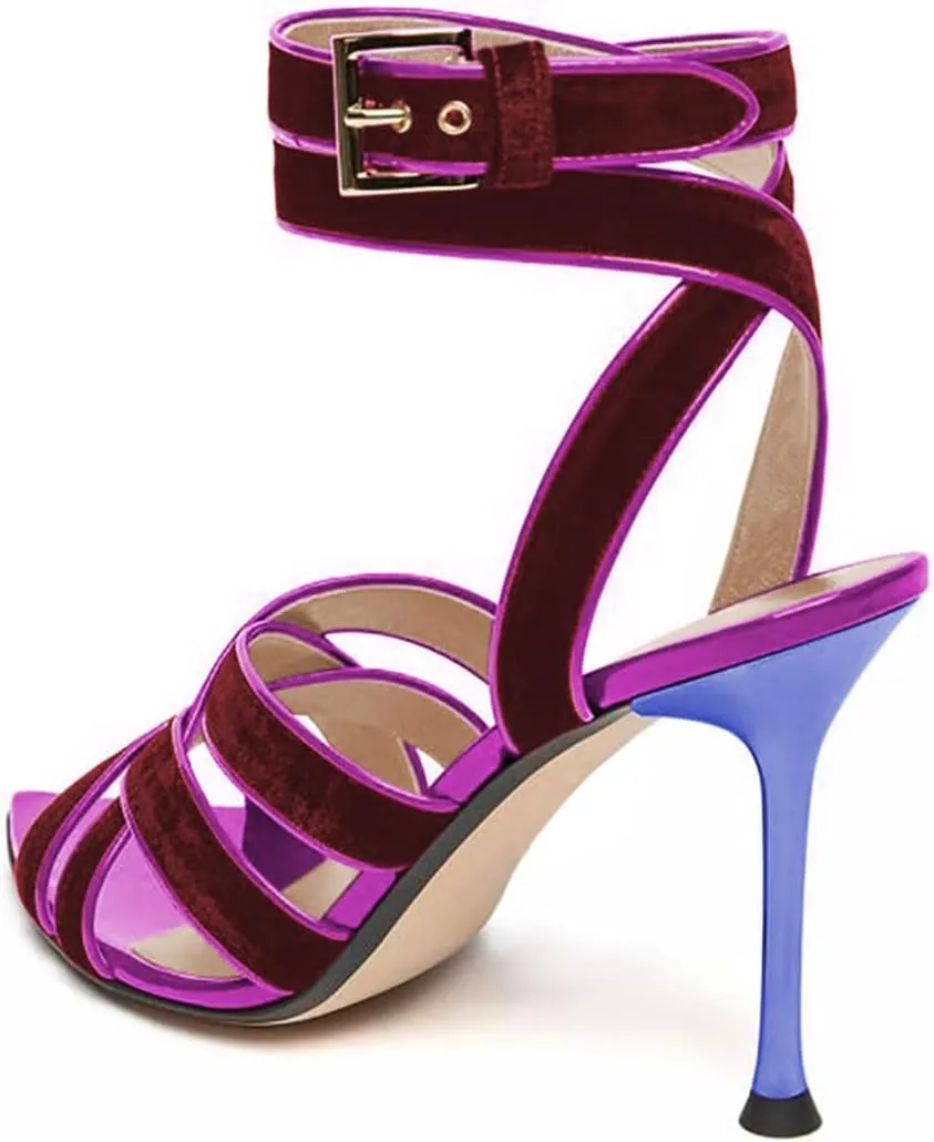 miss left Women Sexy Strappy Stiletto High Heel Sandals Open Pointy Toe Cross Straps Buckle Pumps Soft Velvet Weekend Party Shoes Size 4-16 US