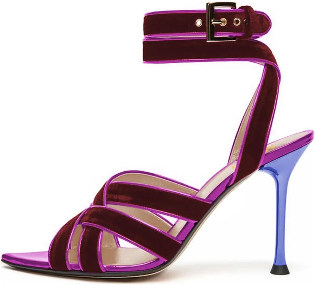 miss left Women Sexy Strappy Stiletto High Heel Sandals Open Pointy Toe Cross Straps Buckle Pumps Soft Velvet Weekend Party Shoes Size 4-16 US