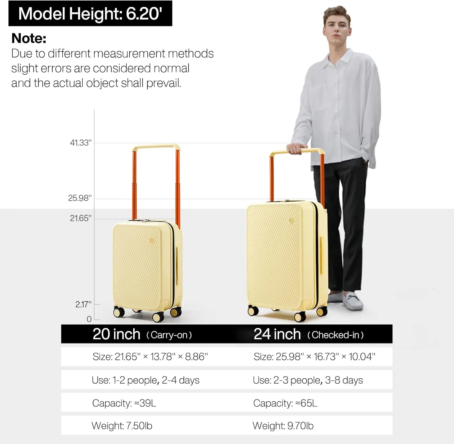 mixi Carry On Luggage Airline Approved 20'' Lightweight Luggage Wide Handle PC Hardshell Suitcases with Spinner Wheels & TSA Lock, Lark Yellow