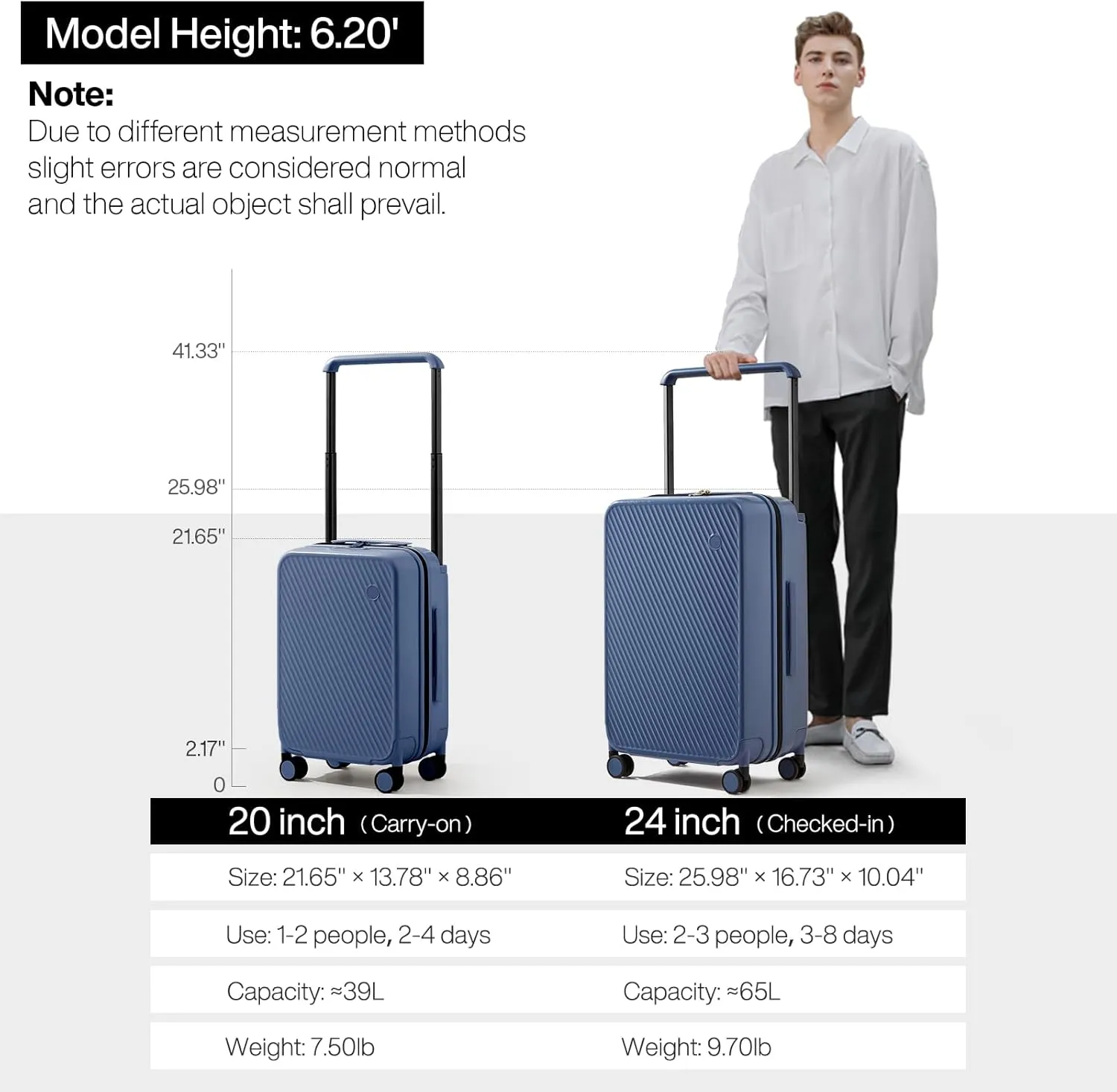 mixi Carry On Luggage Airline Approved 20'' Lightweight Luggage Wide Handle PC Hardshell Suitcases with Spinner Wheels & TSA Lock, Sapphire Blue