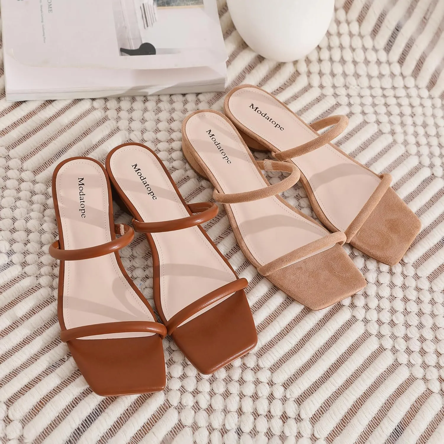 Modatope Square Open Toe Heeled Sandals Women Two Strap Chunky Heel Sandals for Women Low Block Heel Sandal Dressy