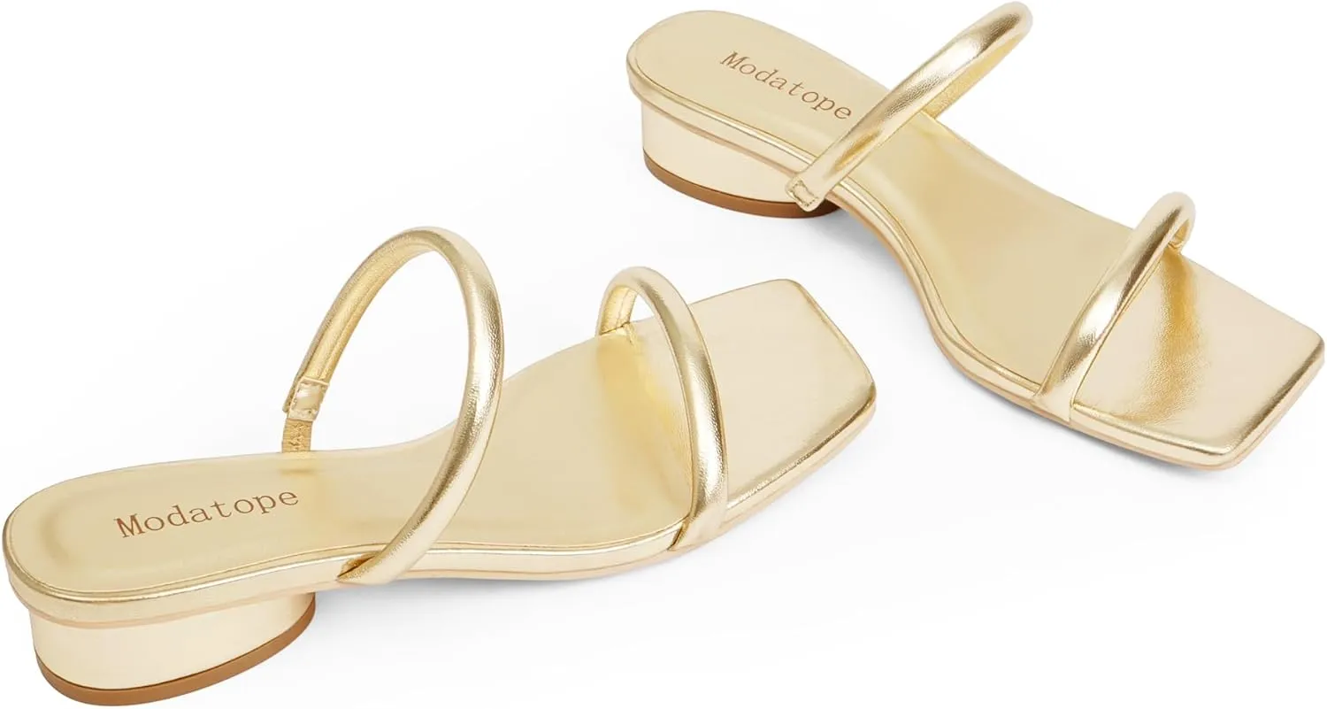 Modatope Square Open Toe Heeled Sandals Women Two Strap Chunky Heel Sandals for Women Low Block Heel Sandal Dressy