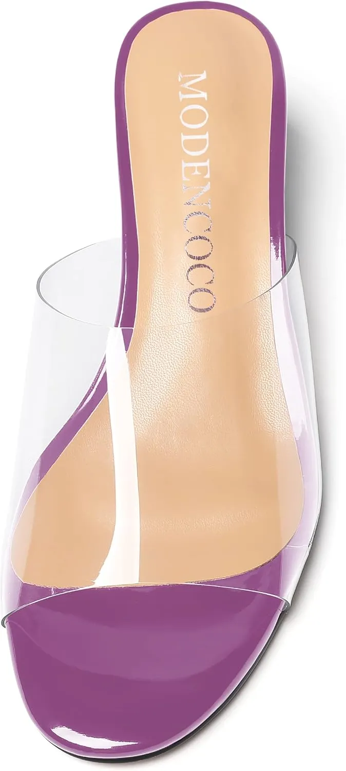 MODENCOCO Women's Open Toe Slip On Clear Patent Leather Transparent Chunky Low Heeled Sandals 2 Inch