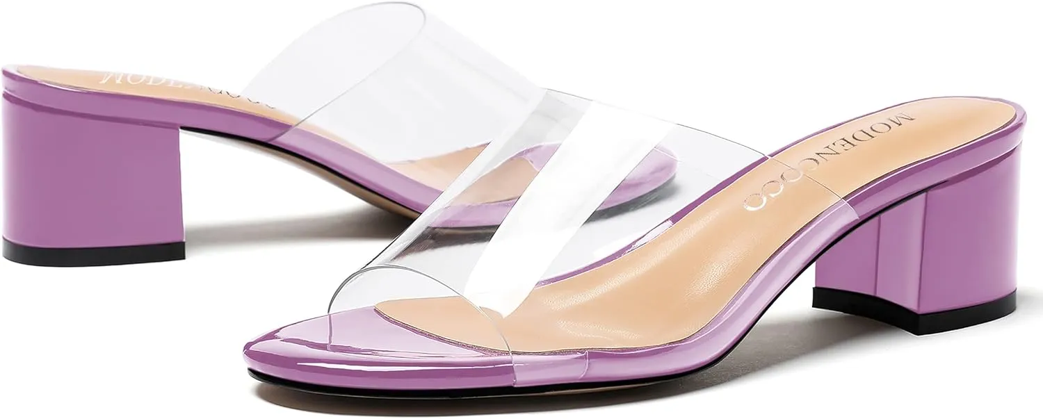 MODENCOCO Women's Open Toe Slip On Clear Patent Leather Transparent Chunky Low Heeled Sandals 2 Inch