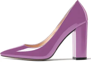 MODENCOCO Women's Patent Pointed Toe Slip On Solid Block High Heel Pumps Shoes 4 Inch