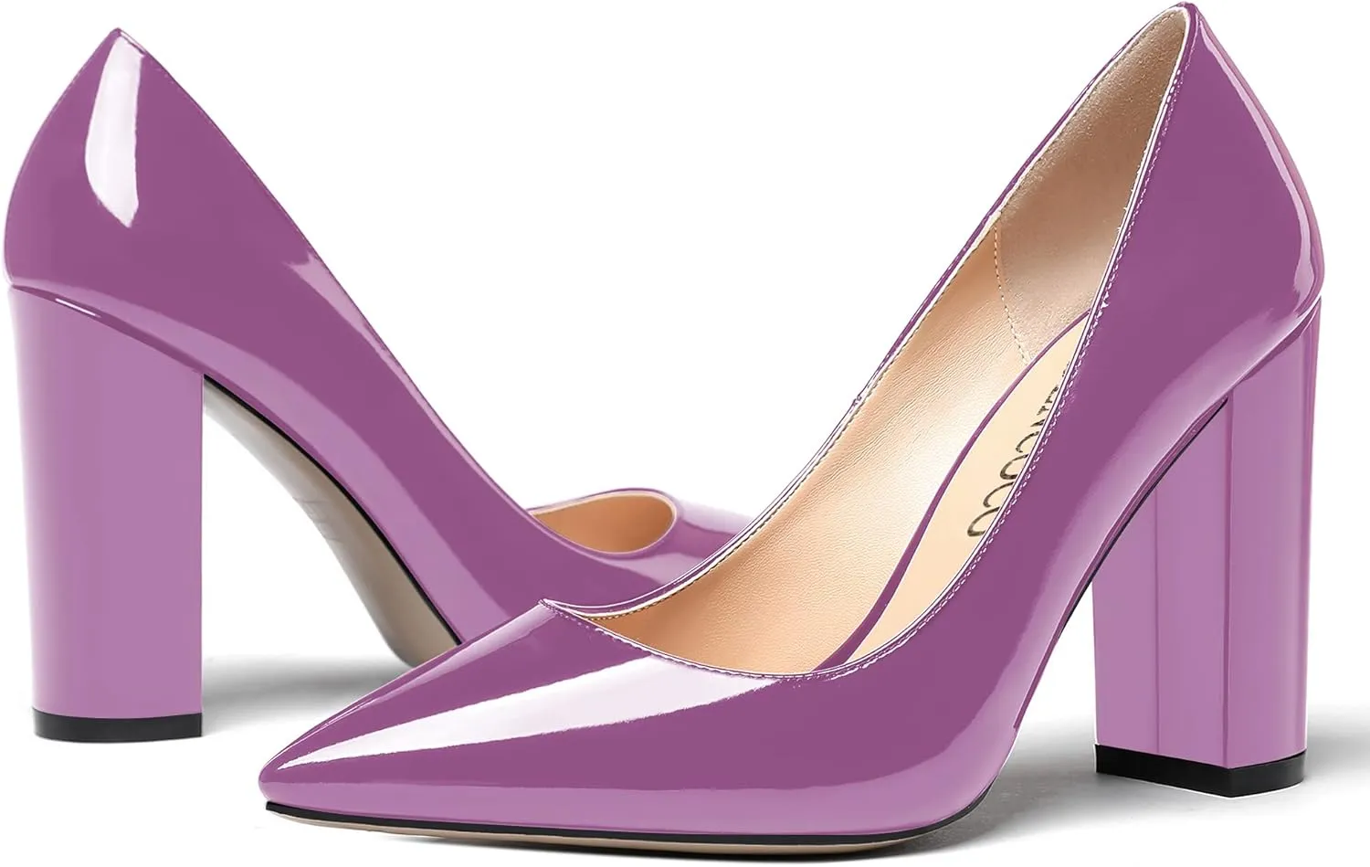 MODENCOCO Women's Patent Pointed Toe Slip On Solid Block High Heel Pumps Shoes 4 Inch