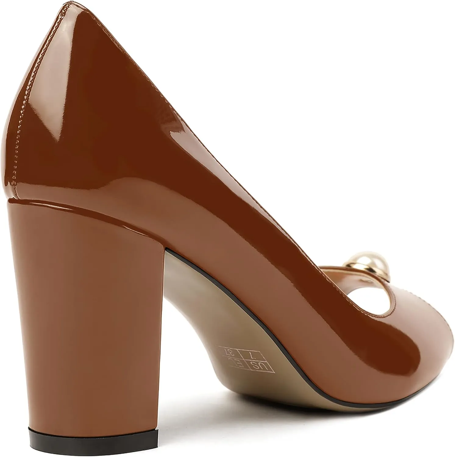 MODENCOCO Women's Pearl Patent Slip On Peep Toe Block High Heel Pumps Shoes 3.5 Inch