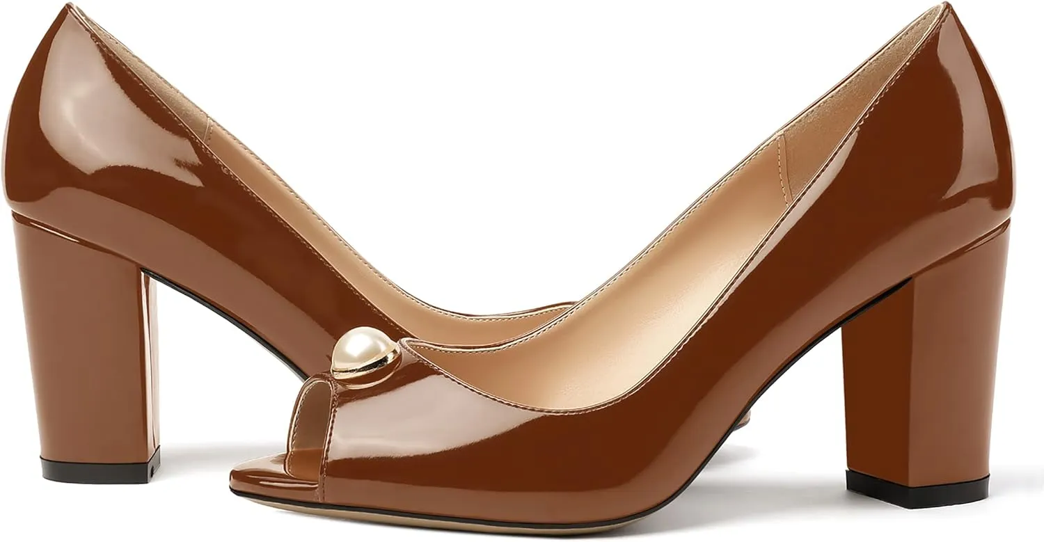 MODENCOCO Women's Pearl Patent Slip On Peep Toe Block High Heel Pumps Shoes 3.5 Inch