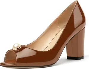 MODENCOCO Women's Pearl Patent Slip On Peep Toe Block High Heel Pumps Shoes 3.5 Inch