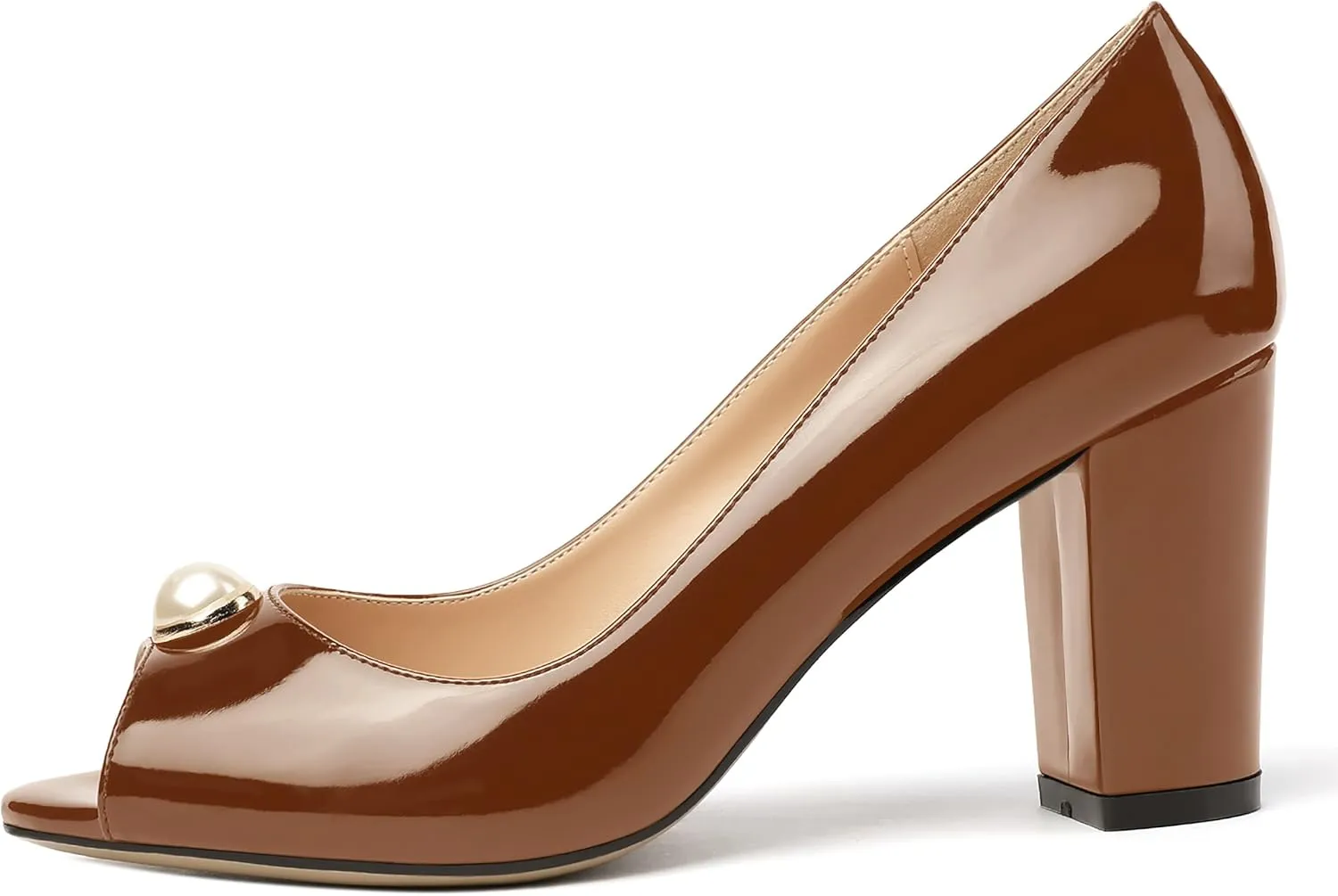 MODENCOCO Women's Pearl Patent Slip On Peep Toe Block High Heel Pumps Shoes 3.5 Inch