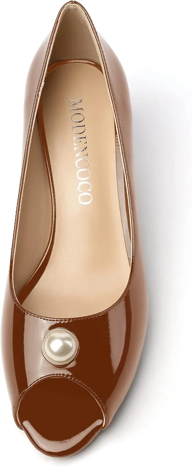 MODENCOCO Women's Pearl Patent Slip On Peep Toe Block High Heel Pumps Shoes 3.5 Inch