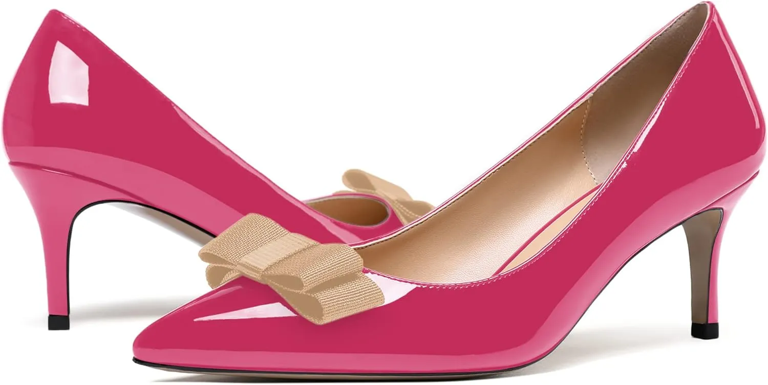MODENCOCO Women's Pointed Toe Dress Bridal Bow Tie Bow Slip On Patent Stiletto Mid Heel Pumps Shoes 2.5 Inch