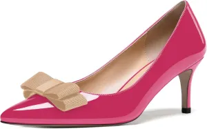 MODENCOCO Women's Pointed Toe Dress Bridal Bow Tie Bow Slip On Patent Stiletto Mid Heel Pumps Shoes 2.5 Inch