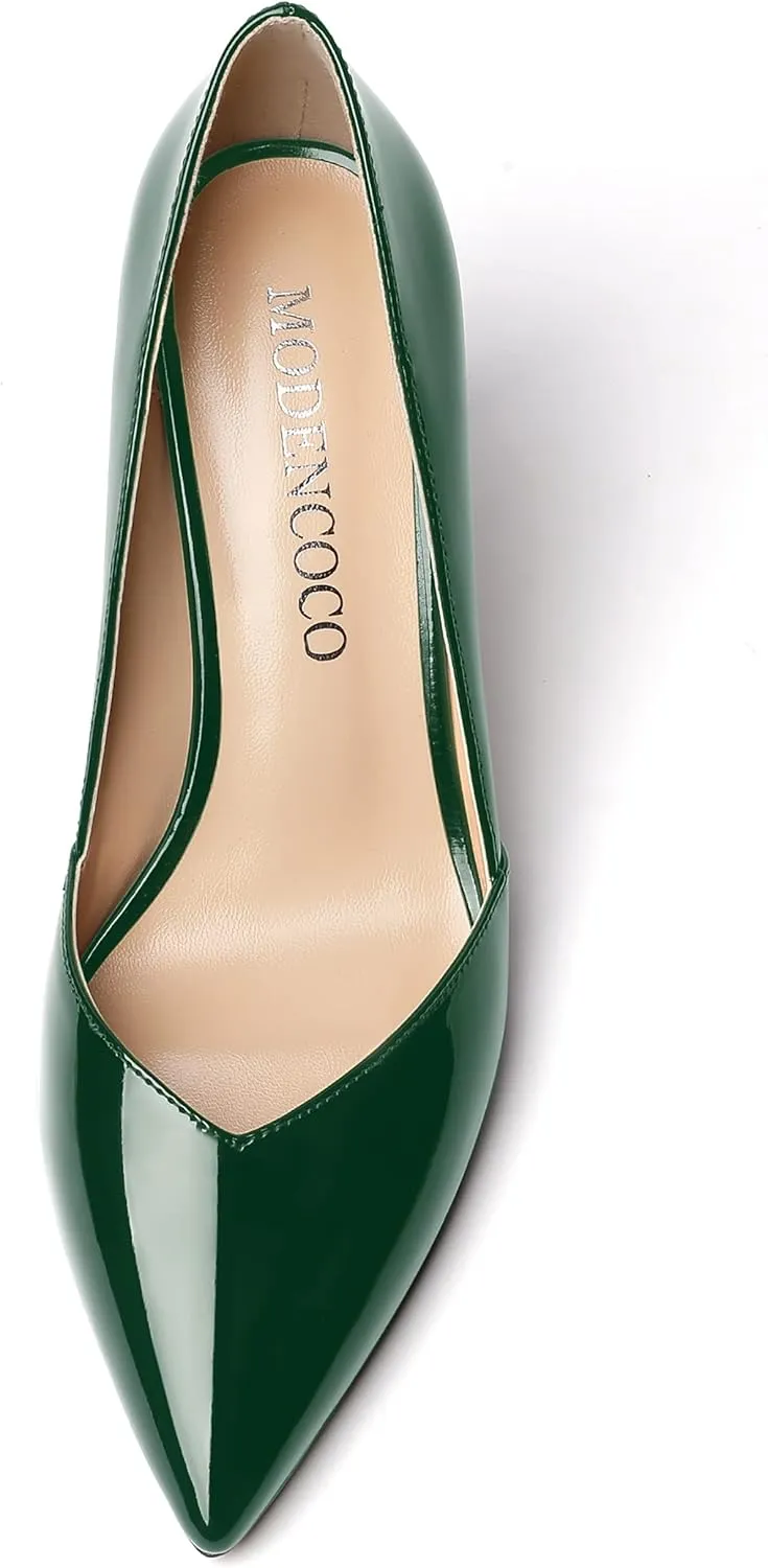 MODENCOCO Women's Pointed Toe Slip On Patent Cut Out Block High Heel Pumps Shoes 3.5 Inch