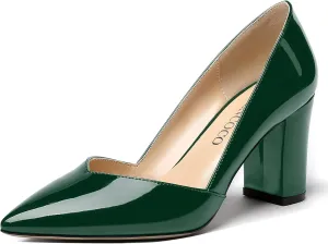 MODENCOCO Women's Pointed Toe Slip On Patent Cut Out Block High Heel Pumps Shoes 3.5 Inch