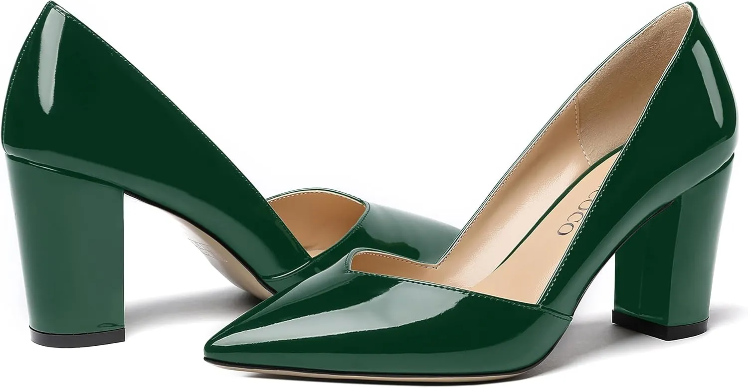 MODENCOCO Women's Pointed Toe Slip On Patent Cut Out Block High Heel Pumps Shoes 3.5 Inch