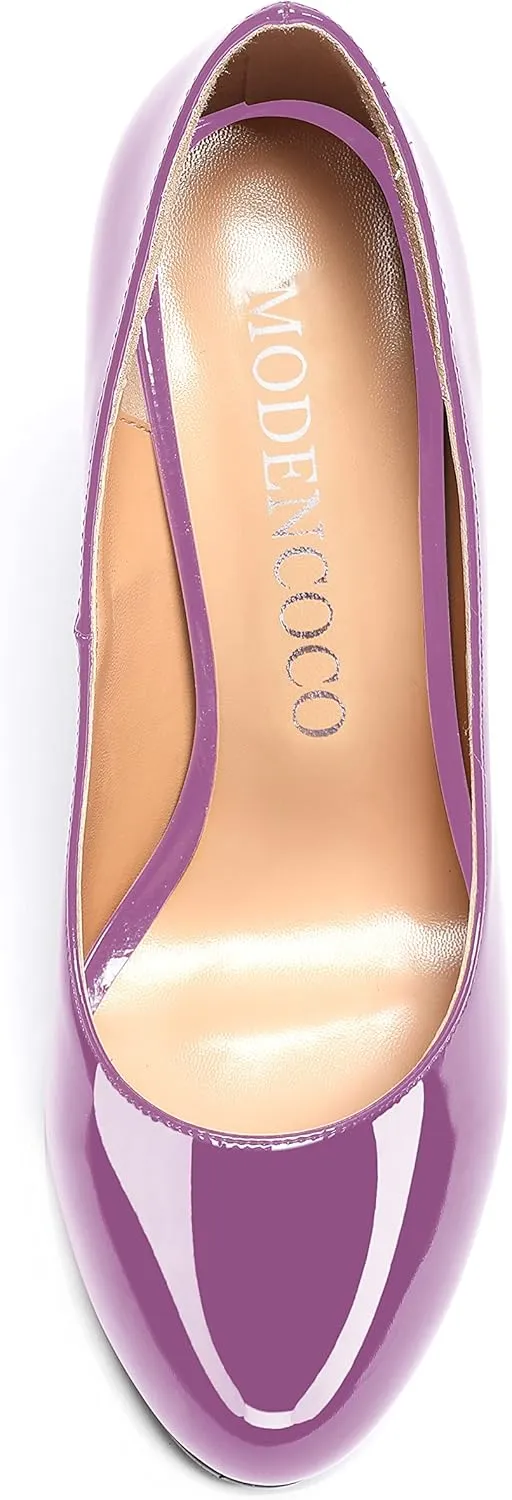 MODENCOCO Women's Round Toe Patent Leather Slip On Stiletto High Heel Pumps Wedding Dress Shoes 3.5 Inch