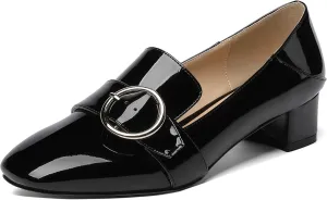 MODENCOCO Women's Slip On Patent Square Toe Chunky Low Heel Pumps Casual Dress Mules Shoes 1.5 Inch