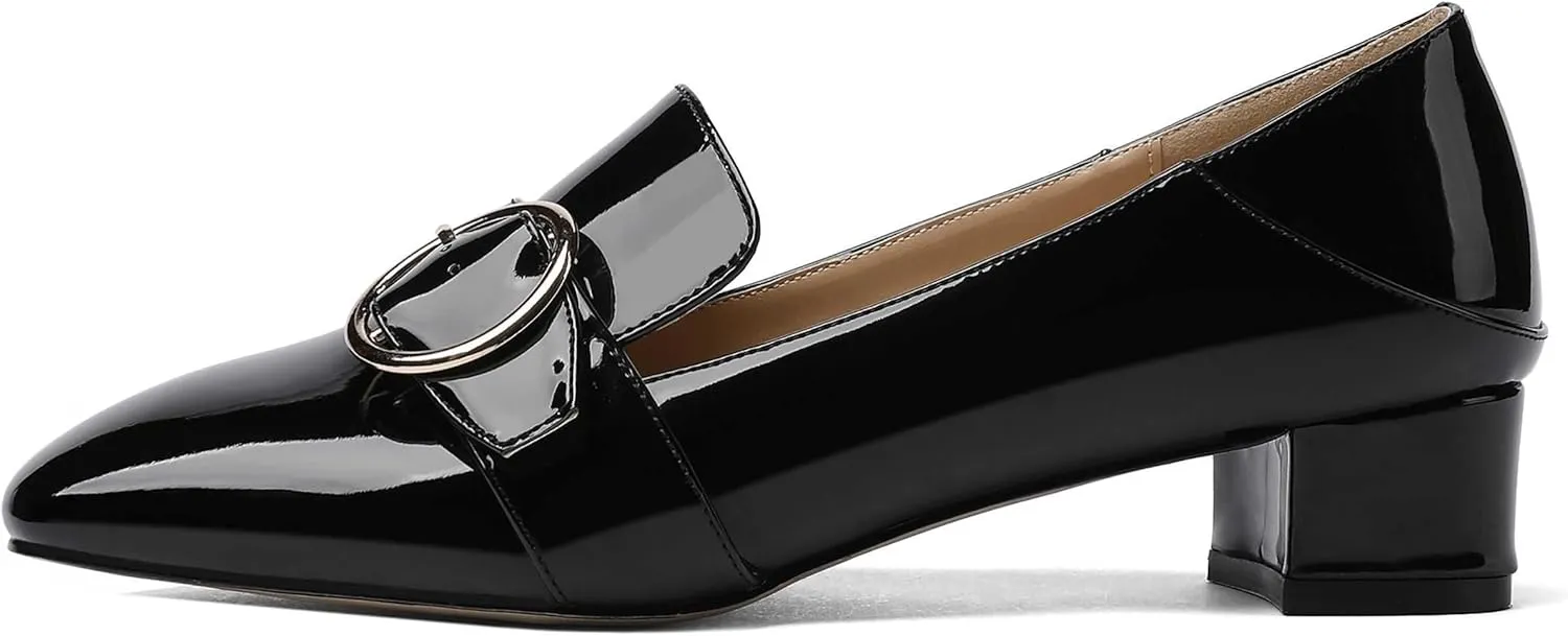 MODENCOCO Women's Slip On Patent Square Toe Chunky Low Heel Pumps Casual Dress Mules Shoes 1.5 Inch