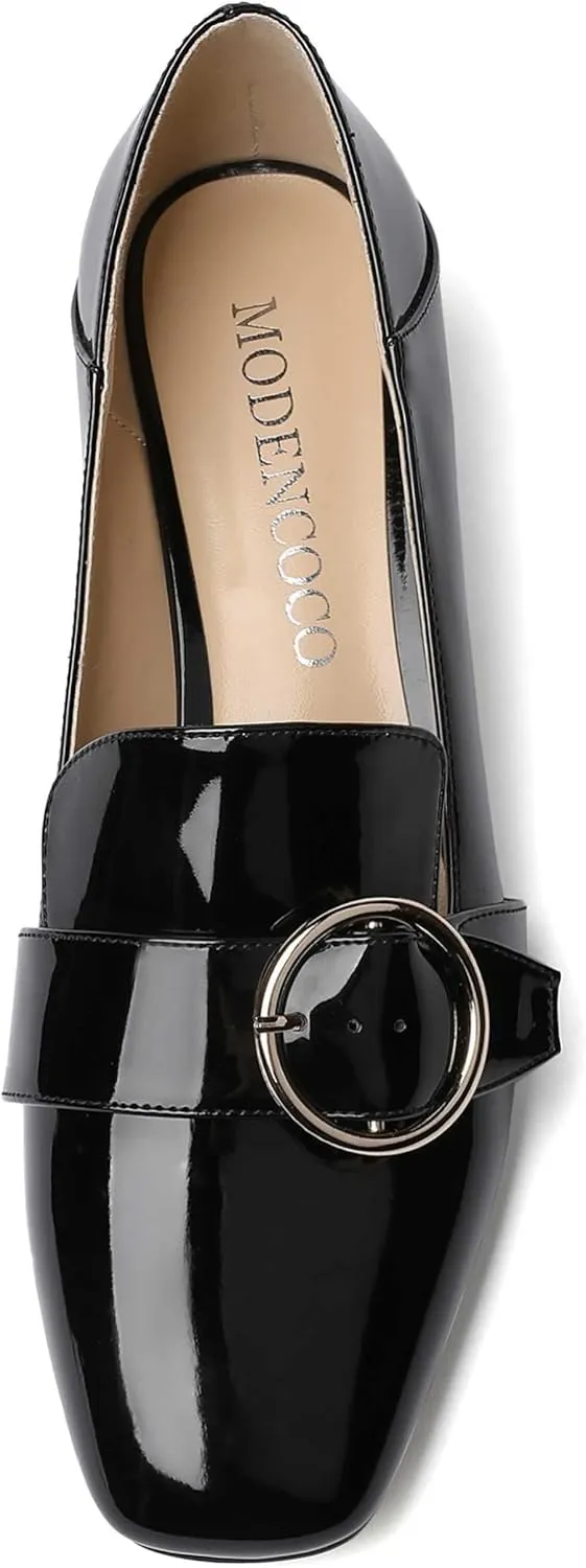 MODENCOCO Women's Slip On Patent Square Toe Chunky Low Heel Pumps Casual Dress Mules Shoes 1.5 Inch