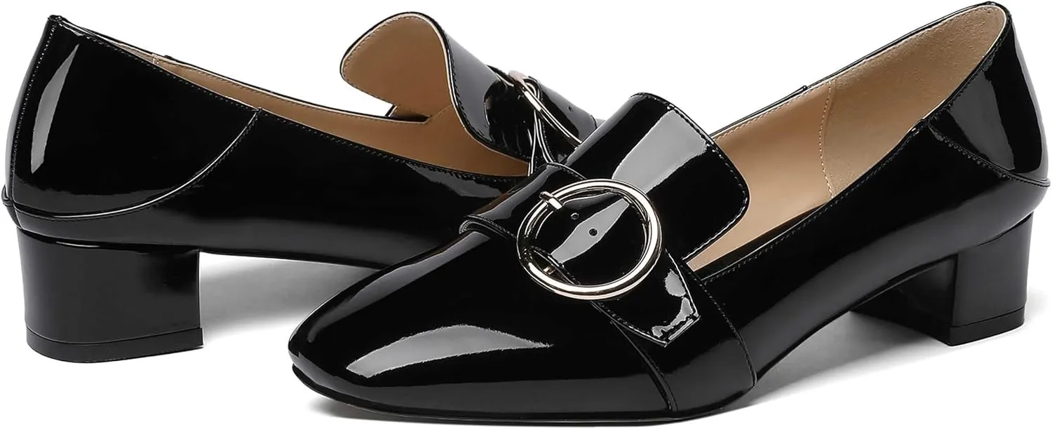MODENCOCO Women's Slip On Patent Square Toe Chunky Low Heel Pumps Casual Dress Mules Shoes 1.5 Inch