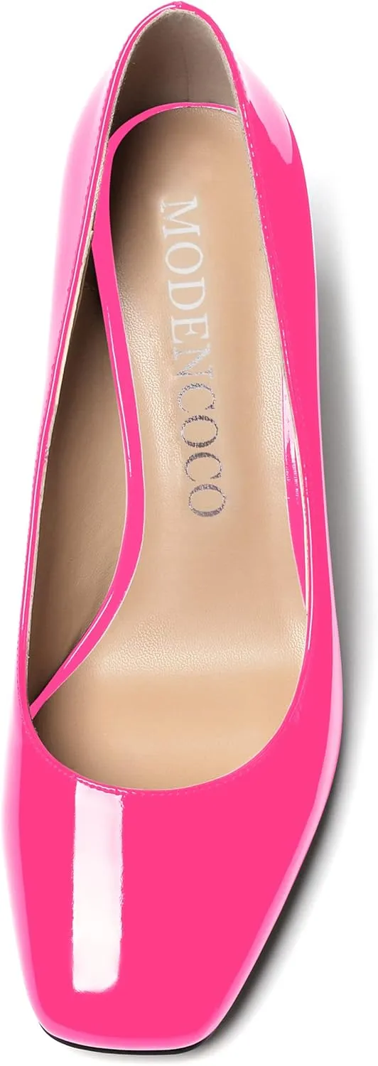 MODENCOCO Women's Thick Square Toe Patent Slip On Solid Block High Heel Pumps Shoes 3 Inch