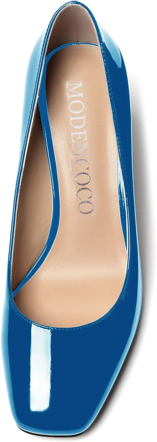 MODENCOCO Women's Thick Square Toe Patent Slip On Solid Block High Heel Pumps Shoes 3 Inch