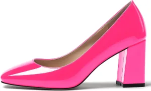 MODENCOCO Women's Thick Square Toe Patent Slip On Solid Block High Heel Pumps Shoes 3 Inch