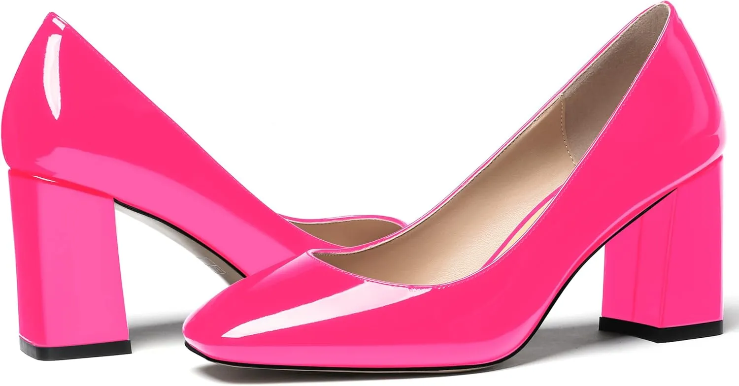 MODENCOCO Women's Thick Square Toe Patent Slip On Solid Block High Heel Pumps Shoes 3 Inch