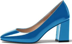 MODENCOCO Women's Thick Square Toe Patent Slip On Solid Block High Heel Pumps Shoes 3 Inch
