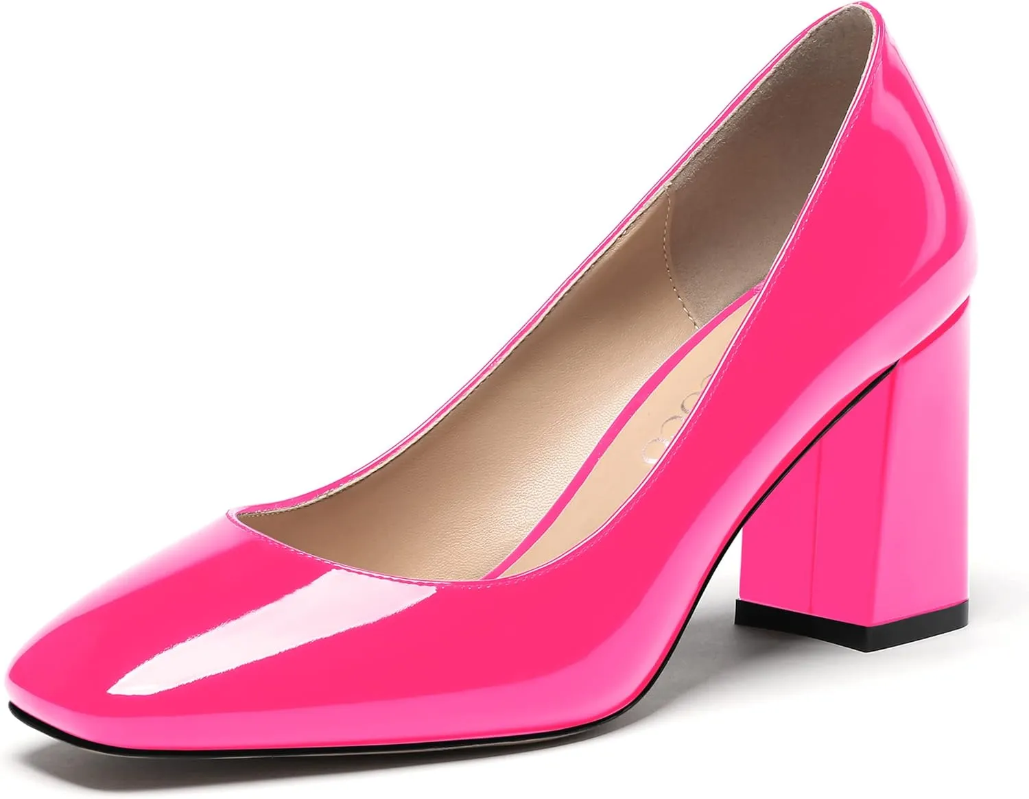 MODENCOCO Women's Thick Square Toe Patent Slip On Solid Block High Heel Pumps Shoes 3 Inch