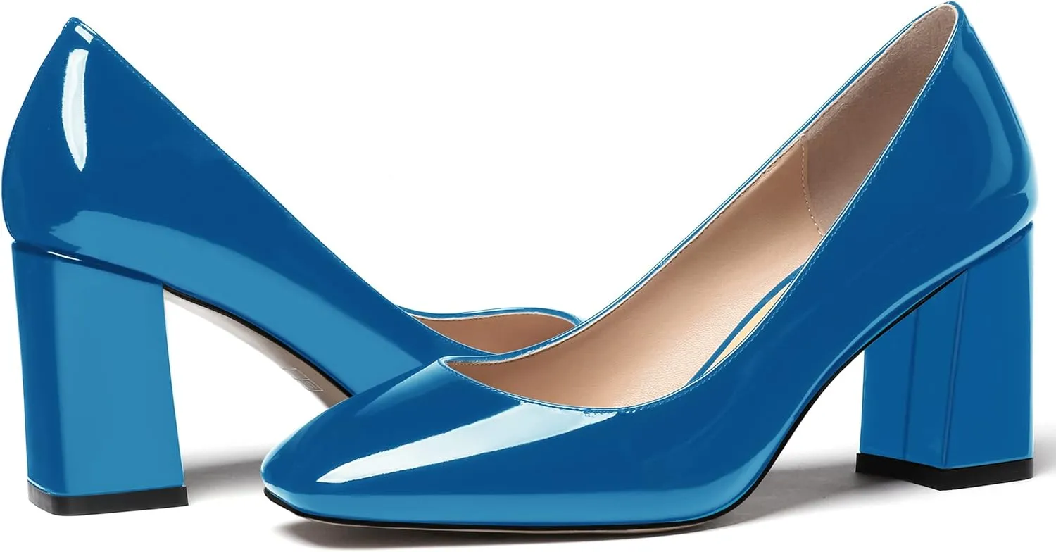 MODENCOCO Women's Thick Square Toe Patent Slip On Solid Block High Heel Pumps Shoes 3 Inch