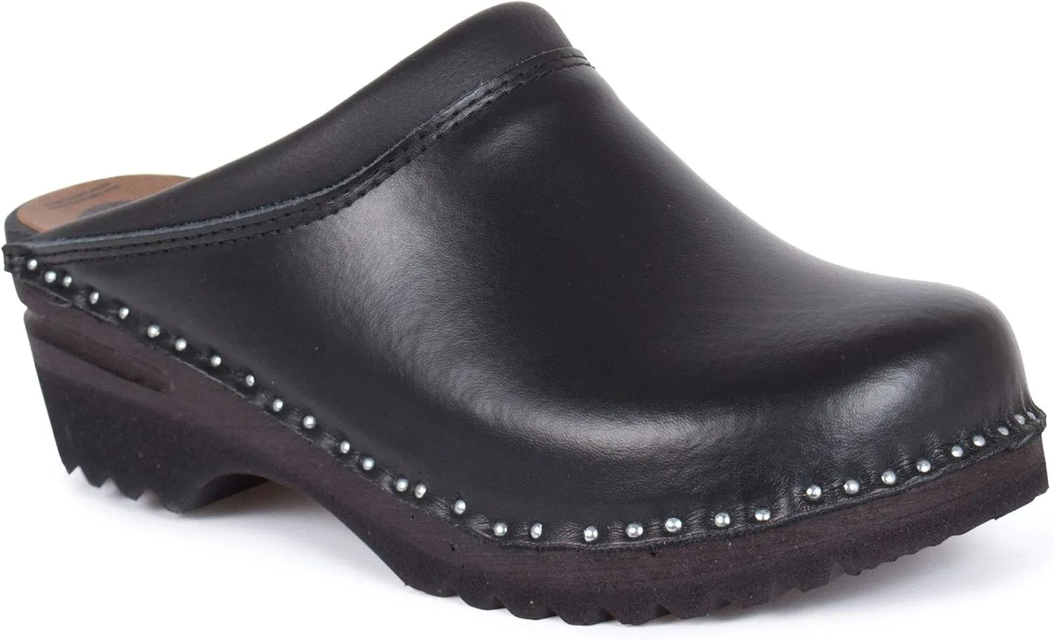Monet Bastad Slip On Closed Toe Non Slip Womens Leather Wooden Nursing Chef Work Swedish Clogs - Black