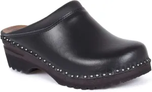 Monet Bastad Slip On Closed Toe Non Slip Womens Leather Wooden Nursing Chef Work Swedish Clogs - Black