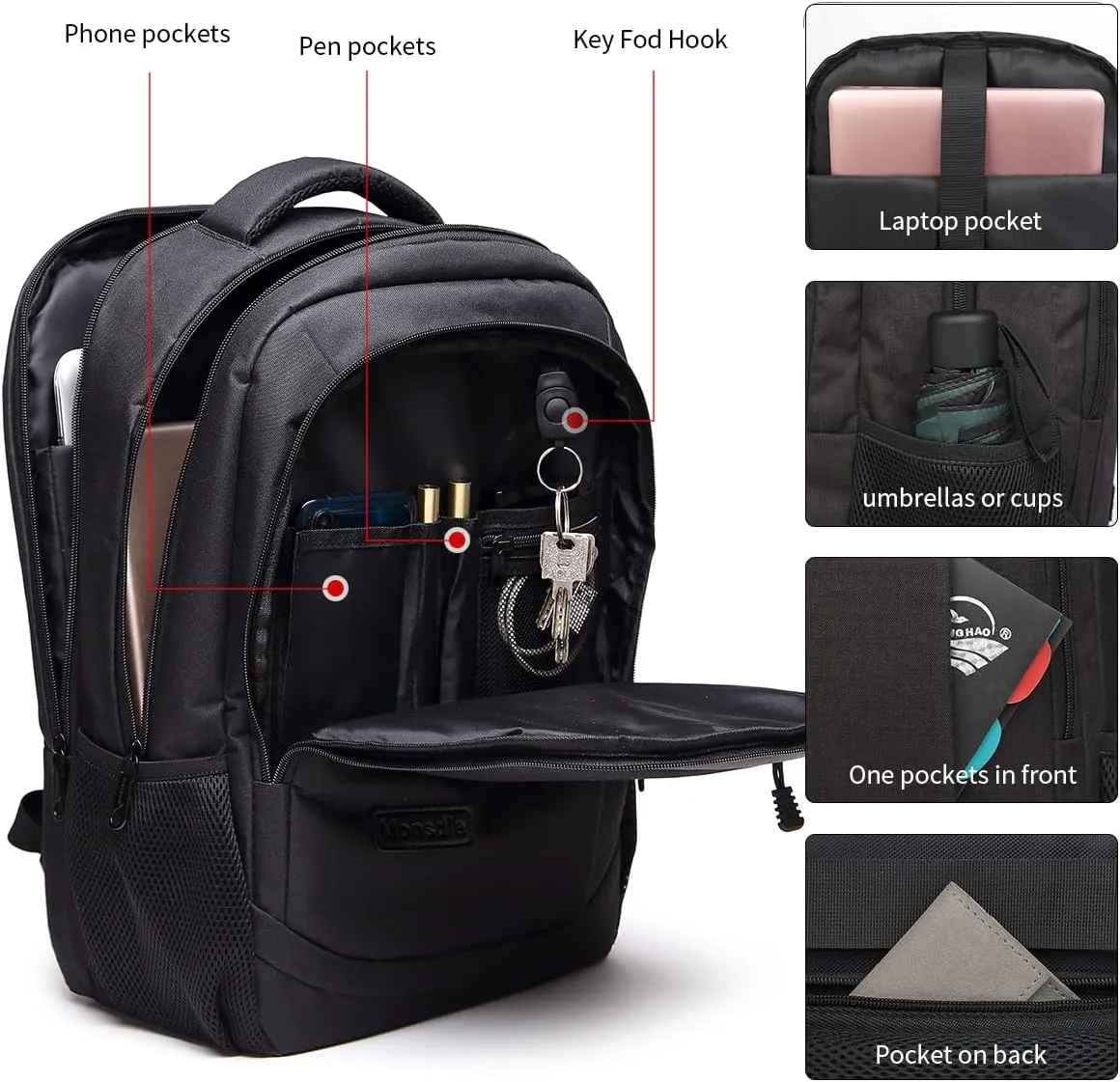 Monsdle Travel Laptop Backpack Anti Theft Backpacks with USB Charging Port, Travel Business Work Bag 15.6 Inch College Computer Bag for Men Women, Black
