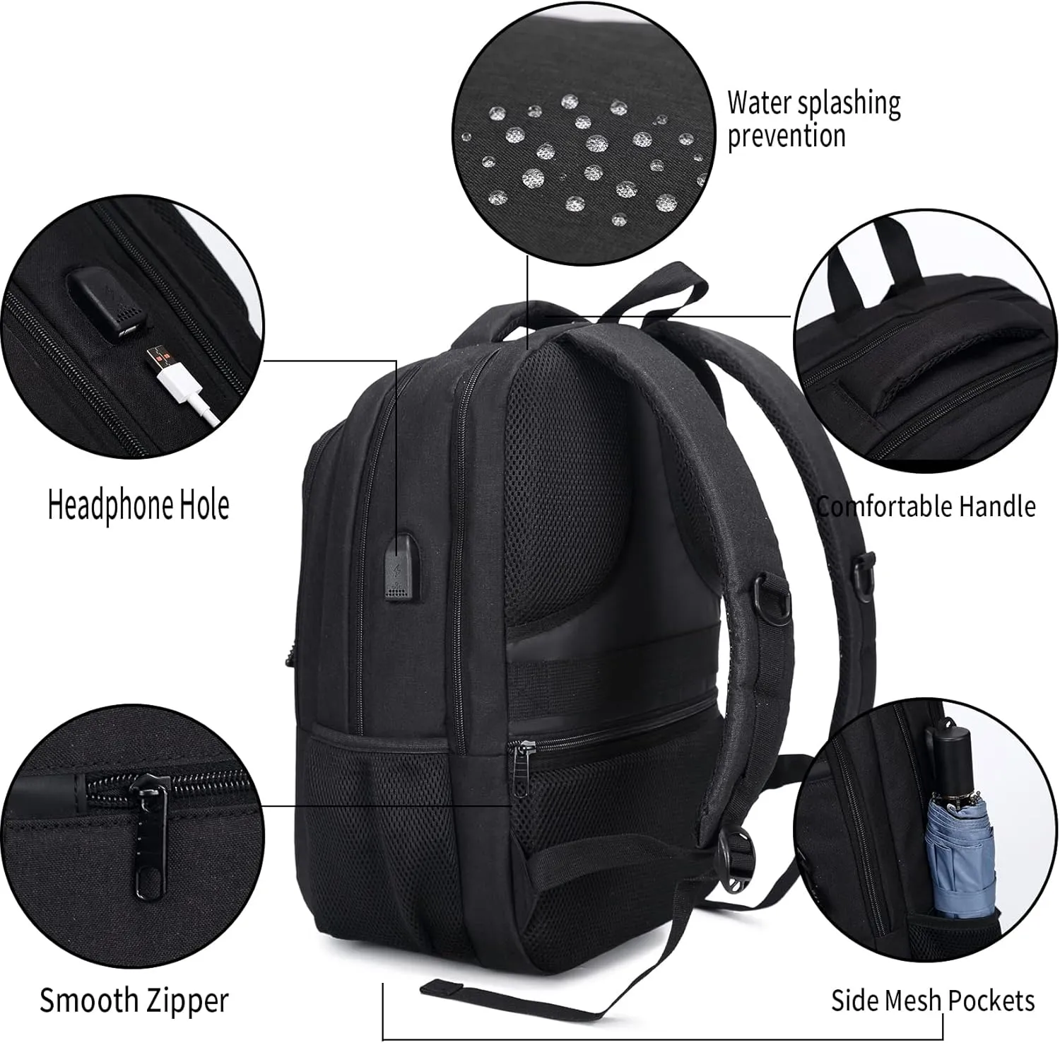 Monsdle Travel Laptop Backpack Anti Theft Backpacks with USB Charging Port, Travel Business Work Bag 15.6 Inch College Computer Bag for Men Women, Black
