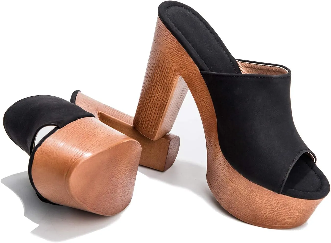 MOOMMO Women Cork Platform Mules Chunky High Heel Peep Toe Slide Sandals 4.5Inch High Block Heel Slippers Suede Comfortable Ladies Slip On Sexy Dress Shoes 4-11 M US