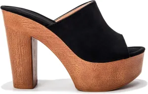 MOOMMO Women Cork Platform Mules Chunky High Heel Peep Toe Slide Sandals 4.5Inch High Block Heel Slippers Suede Comfortable Ladies Slip On Sexy Dress Shoes 4-11 M US
